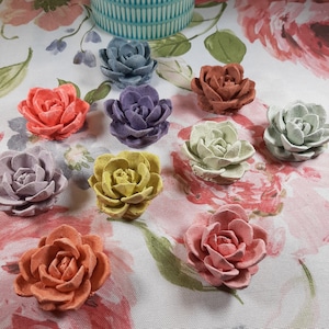 May include: Assortment of ten small, colorful, faux succulent plants in various shades of pink, purple, green, and brown. The succulents are made of a smooth, slightly textured material and are arranged on a floral patterned fabric.