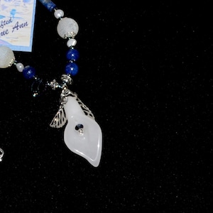17&quot; necklace and earrings, white jade calla lily pendant 1.5 Inches x 5/8 Inches, lapis lazuli, pearl, crystal, sterling silver hook