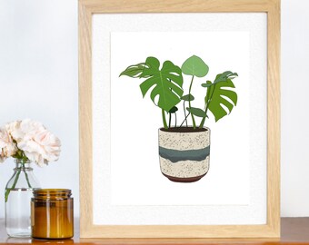 House Plant Art Print • Monstera Plant In Cream and Blue Pot • Wall Decor • 8x10 Plant Poster