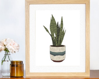 House Plant Art Print • Snake Plant In Cream and Blue Pot • Wall Decor • Plant Poster 8x10