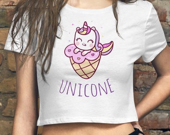 Unicorn Crop Top Shirt Cute Ice Cream Unicone Kawaii Women's Fitted Shirt