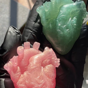 May include: Two anatomical heart shaped resin sculptures, one is a light green color and the other is a light pink color. Both have a glittery finish.