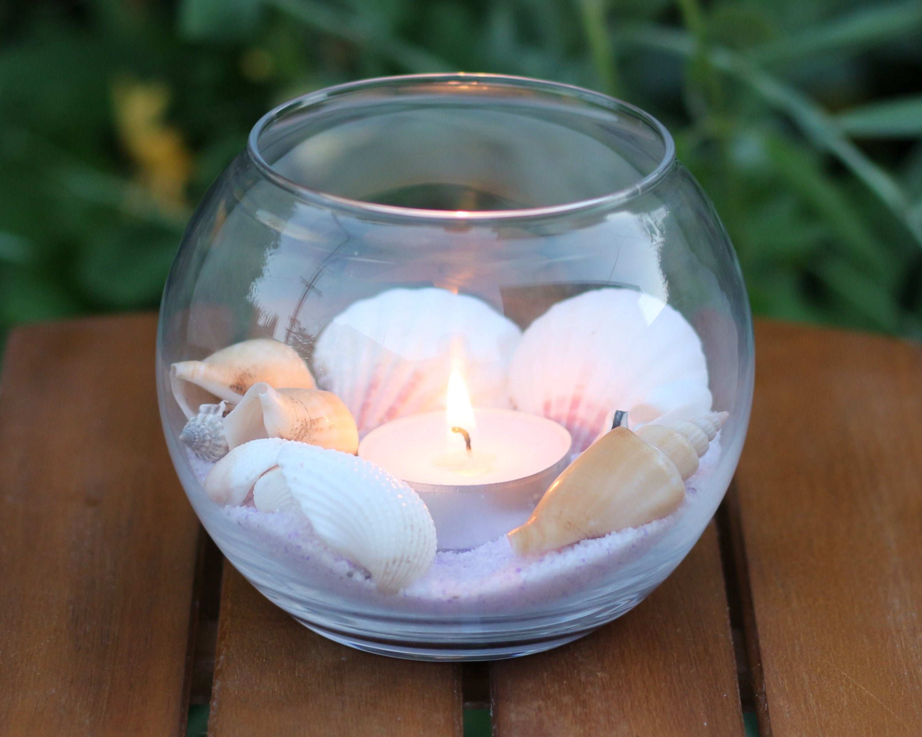 Glass Fish Bowl With Handpicked Seashells Sand & Votive Candle Cute
