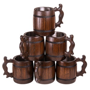 Wooden Tea Cups Wood Mug Handmade Barrel Juice Beer Cup Travel Oak Tinted 0.65L Set of 6 pcs