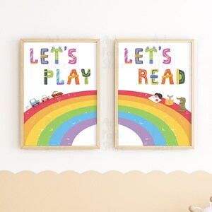 Lets Play Print set, Let&#39;s Read print, Lets Read sign, Lets Play sign, Rainbow kids prints, Printable Kids Room Decor, Play Room Decor
