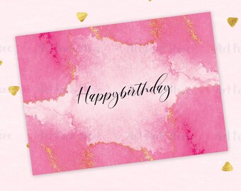 Pink Birthday card, Watercolor Happy Birthday card printable, Card for birthday, Birthday card for girlfriend, for her, for mom, daughter