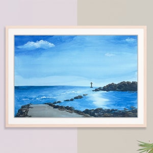 Jeju island wall art, Coastal Watercolor print, Beach Landscape Printable, Hand drawn art, Blue Ocean print, Horizontal wall art South korea