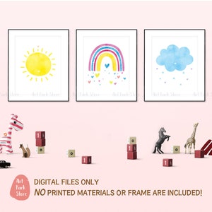 Nursery Rainbow Print set, Watercolor printable Nursery wall art set of 3, Baby shower gift set, Kids Room Decor set, Cloud Sunshine Decor