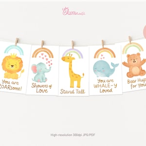 Bundel dierenwenskaarten - set van 5 afdrukbare kaarten | Kinderkamerkunst | Digitale download | Leeuw, walvis, beer, giraf, olifant