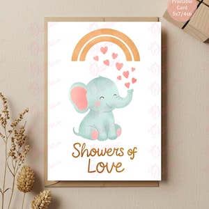 Kaart Elephant Showers of Love – Afdrukbare babyshowerkaart | 5 x 7, 4 x 6 jpg-pdf | Digitale download | Leuke groet voor babydieren