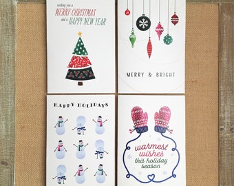4 Pack of Illustrated Christmas and Holiday Cards, Christmas Cards, Merry Christmas, Happy Holidays, Merry & Bright, Warmest Wishes