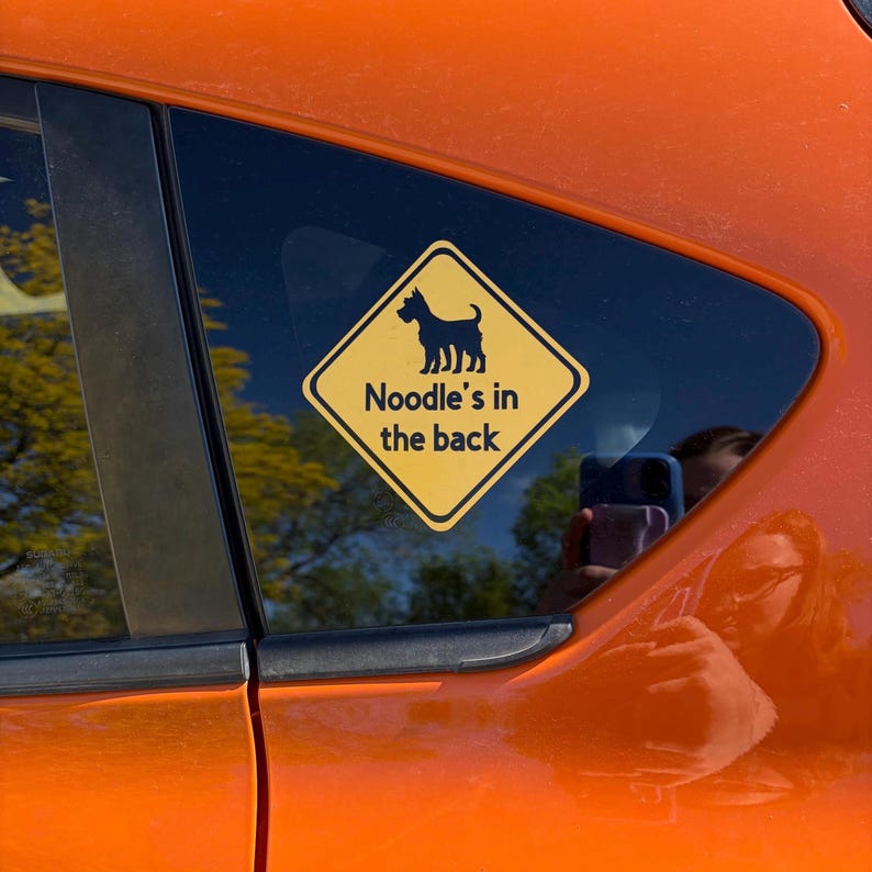 May include: A yellow diamond car sticker with a black dog silhouette and the text "Noodle's in the back". The sticker is on a car window, with an orange car body visible.