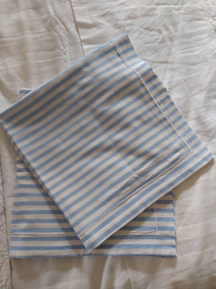 Paire de Taies d'oreiller Vintage, Bleu et Blanc en Coton Rayé