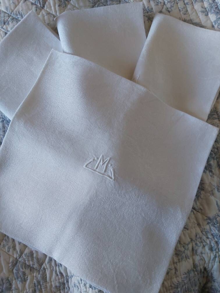 Ensemble de 4 Monogrammes Vintage Français Damask Linen Table Napkins