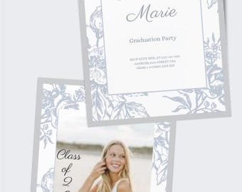 Floral Graduation Invitation: Elegant Blue & White Design (Digital Download)