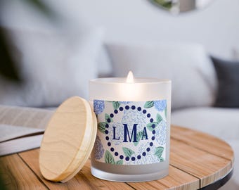 Personalized Hydrangea Monogram Candle: Frosted Glass, Wooden Wick