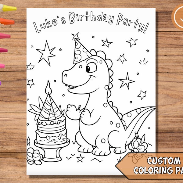 Custom Name Dinosaur Birthday Coloring Page - Printable PDF, Fun and Personalized, Perfect for Kids' Birthday Parties and Gifts, Party Favor