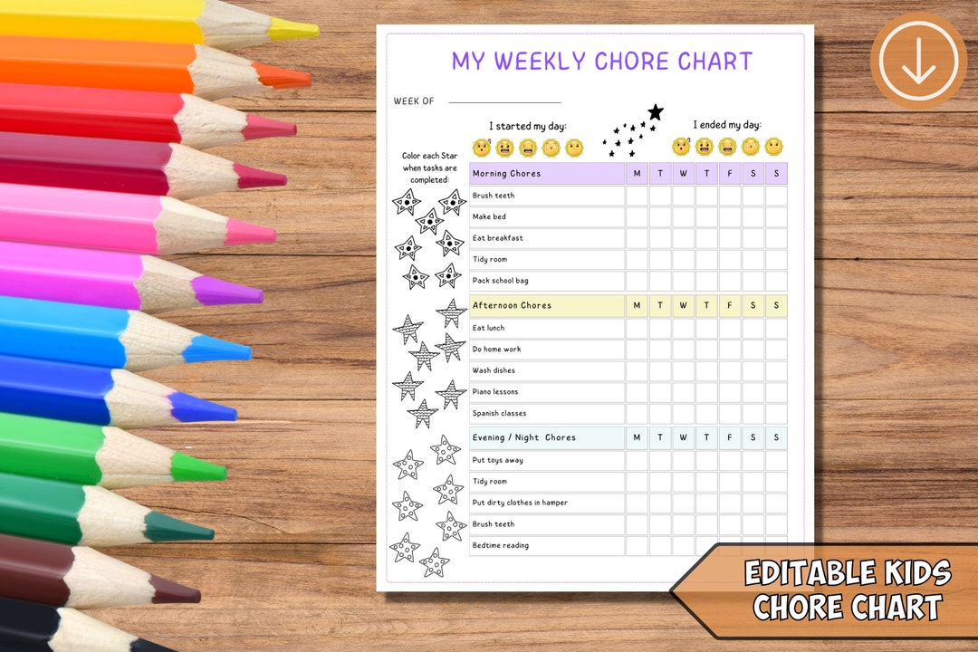 Editable Kids Chore Chart With Star Coloring Rewards Customizable ...