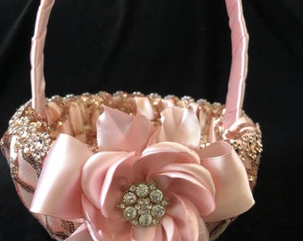 Wedding Flower Girl Basket: Pink Ribbon & Rhinestone Ceremony Basket