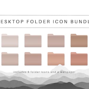 Op de afbeelding: Een set van acht map-pictogrammen in verschillende tinten bruin en beige. De pictogrammen zijn gerangschikt in twee rijen van vier, waarbij elk pictogram een eenvoudig mapontwerp heeft. De tekst "DESKTOP FOLDER ICON BUNDLE" staat bovenaan de afbeelding, en de tekst "includes 8 folder icons and a wallpaper" staat onderaan.