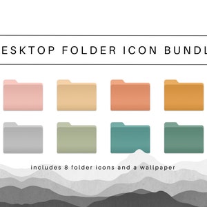 May include: A collection of eight colorful desktop folder icons in shades of pink, yellow, orange, green, and blue. The text "DESKTOP FOLDER ICON BUNDLE" is displayed above the icons, with the text "includes 8 folder icons and a wallpaper" below.
