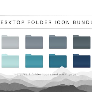Può includere: Un set di otto icone di cartelle in diverse tonalità di blu e grigio. Le icone sono disposte in due righe di quattro. Il testo "DESKTOP FOLDER ICON BUNDLE" è nella parte superiore dell'immagine. Il testo "includes 8 folder icons and a wallpaper" è nella parte inferiore dell'immagine.
