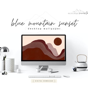 May include: A digital desktop wallpaper featuring a minimalist mountain range silhouette with a red sun in the sky. The text "blue mountain sunset" is displayed above the image, and "desktop wallpaper" is displayed below the image.
