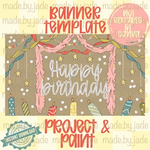 May include: A digital banner template featuring the text "Happy birthday" in white script. The design includes pink ruffled curtains, hanging yellow stars, colorful streamers, and various patterned candles on a brown background with white dots.