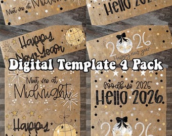 New Year’s Eve Banner Template 4-Pack | Kraft Paper Style | Digital Download for Projecting, Painting, or Printing