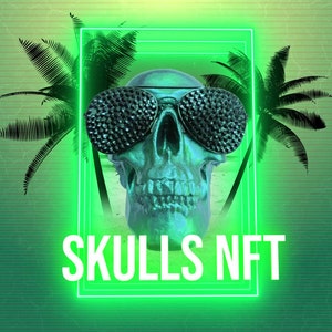 May include: A neon green frame surrounds a turquoise skull wearing sparkling sunglasses. The skull is set against a green and yellow striped background with two palm trees on either side. The text "SKULLS NFT" is below the skull.