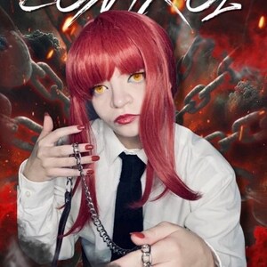 May include: A person with red hair and yellow eyes, wearing a white shirt and black tie, holding a silver chain. The word "CONTROL" is written in white above the person's head. The background is a fiery red.