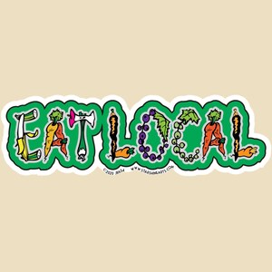 Puede incluir: Pegatina verde con la palabra "EAT LOCAL" escrita con diferentes frutas y verduras. La pegatina incluye la información de copyright "©2020 MR&S" y el sitio web "www.sunshinearts.com".
