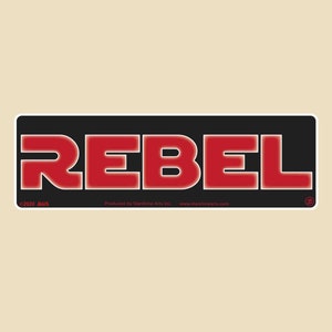 May include: Black and red sticker with the word "REBEL" in large, bold, red letters. The sticker has a white border and a copyright symbol in the bottom right corner.