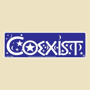 May include: A rectangular sticker with a dark blue background and white text that reads "Coexist." The letters are stylized with stars and crescent moons. The sticker also includes the text "©2020 JB347" and "Produced by Starshine Arts Inc."