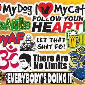 Puede incluir: Una colecci&oacute;n colorida de pegatinas con varias frases y dise&ntilde;os, incluyendo "Garden", "Life is Good", "Good Vibes Only", "Happy AF", "Follow Your Heart", "Explore", "I Love Beer", "Adventure", y "Be Nice".