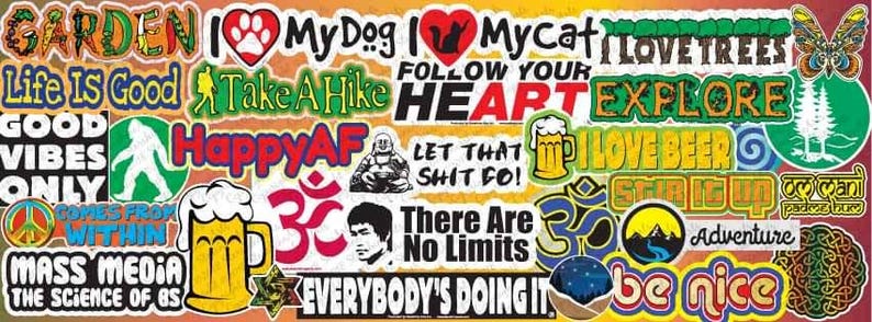 Puede incluir: Una colecci&oacute;n colorida de pegatinas con varias frases y dise&ntilde;os, incluyendo "Garden", "Life is Good", "Good Vibes Only", "Happy AF", "Follow Your Heart", "Explore", "I Love Beer", "Adventure", y "Be Nice".