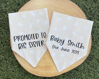 Personalised Baby Announcement Dog Bandana. Promoted to Big Brother Sister Pregnancy Reveal Teddy Print Neck Scarf