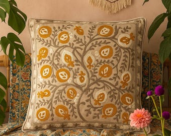 Handmade Suzani Embroidery Linen Pillow Cover: Boho Sofa Cushion