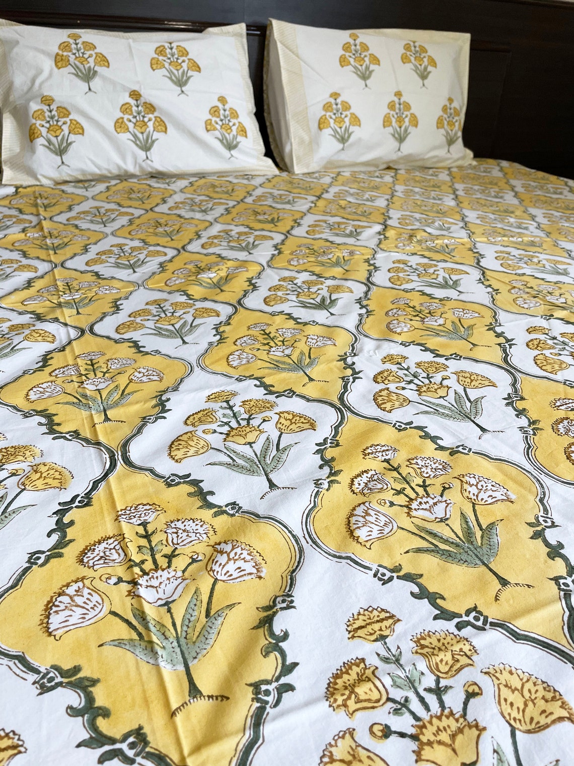Jaipur Block Print Bed Sheet/ Yellow Cotton Bedspread With 2 Etsy