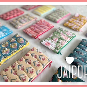 Custodia con cerniera con stampa a blocchi di cotone, design SOSTENIBILE fatto a mano