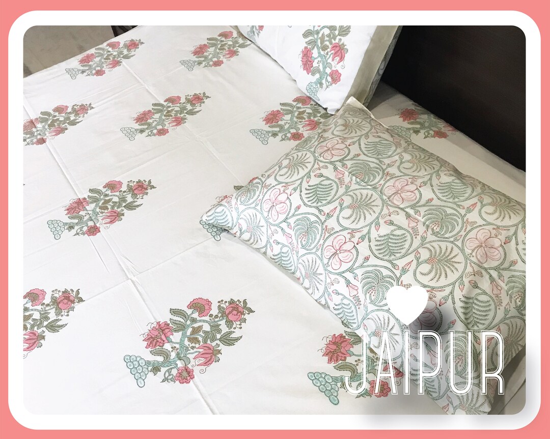 Indian Hand Block Print White Cotton Bed Sheet/ Bedspread With - Etsy