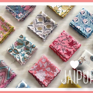 Pure Cotton Hand Block Print Table NAPKINS- scalloped and embroidered handkerchiefs