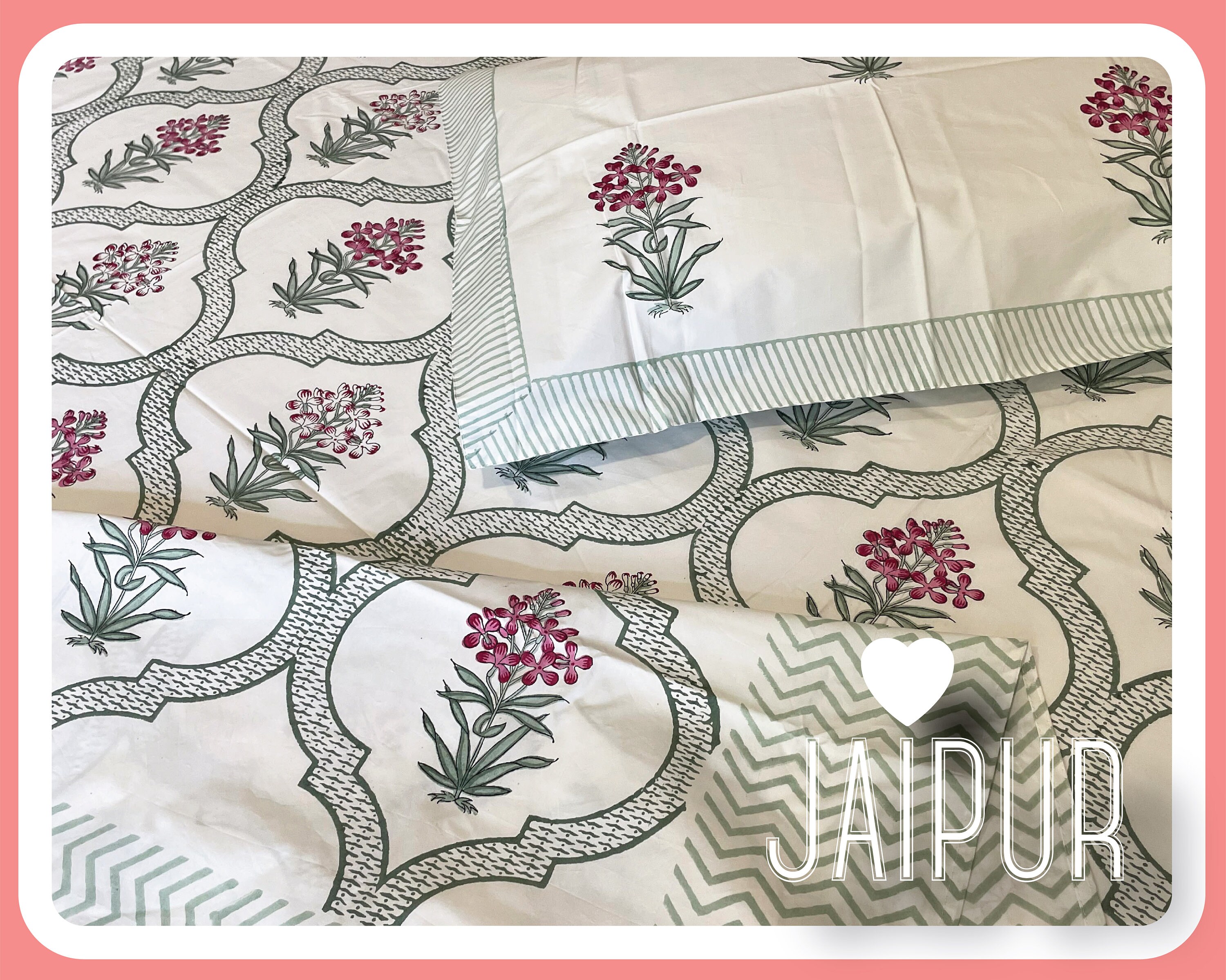 Jaipur Block Print Bed sheet/ Pink & Green Cotton bedspread Etsy