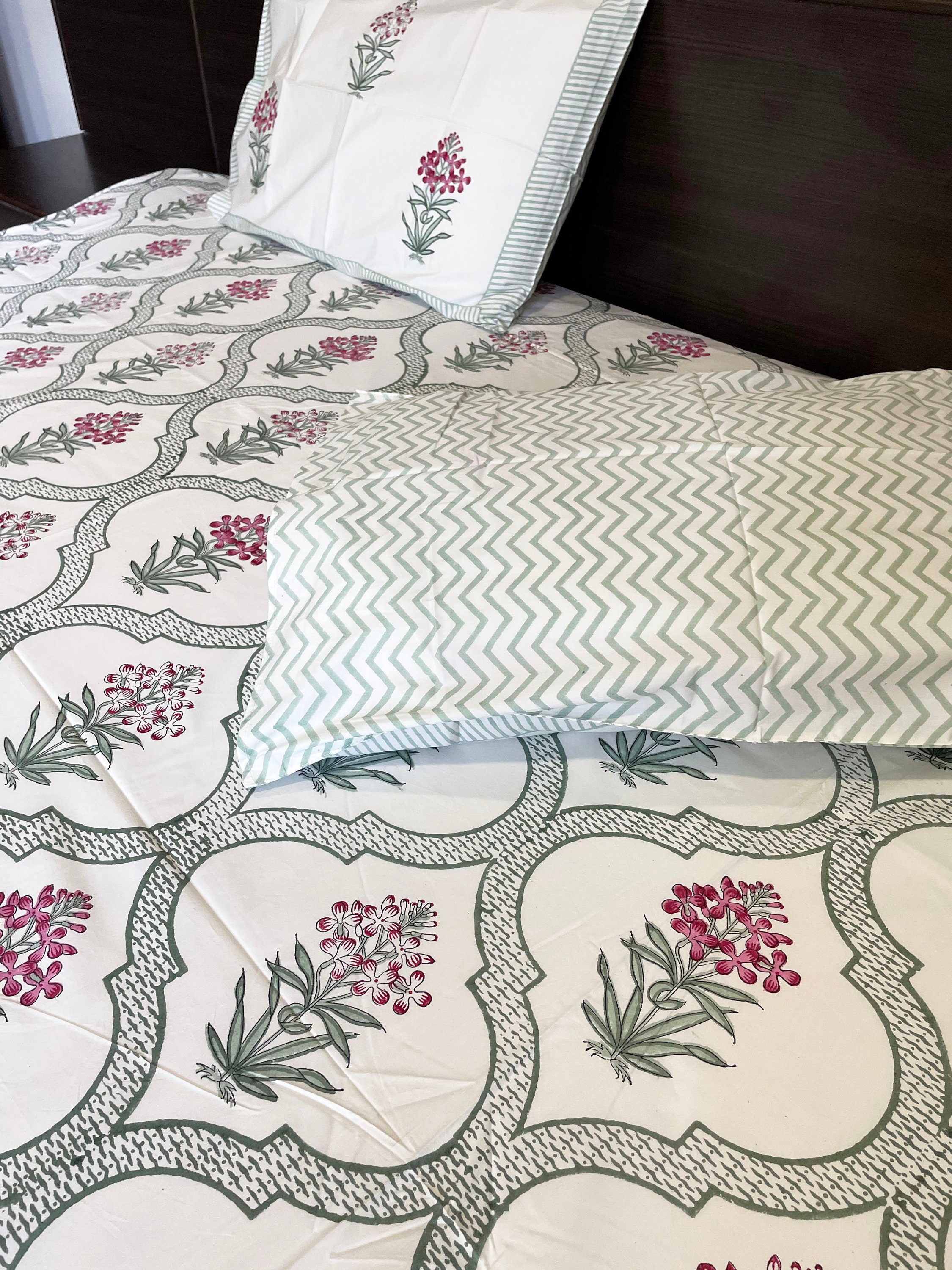 Jaipur Block Print Bed sheet/ Pink & Green Cotton bedspread Etsy