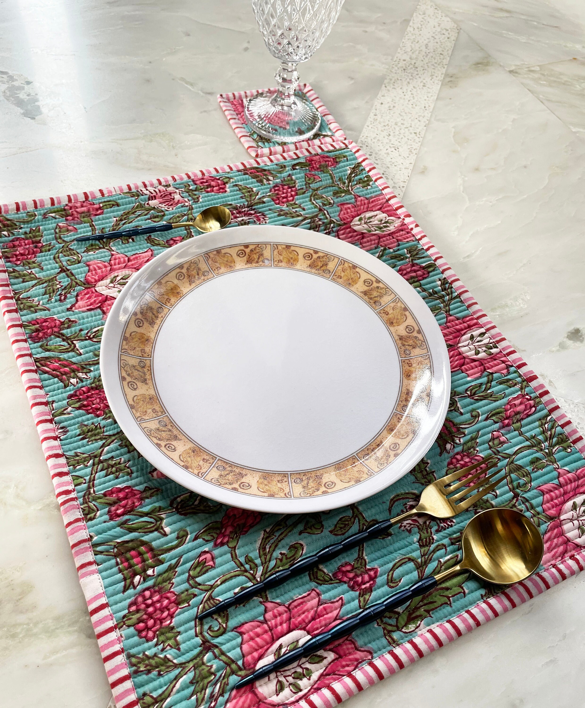 Hand Block Print QUILTED REVERSIBLE Placemat & Coaster Set/ Etsy