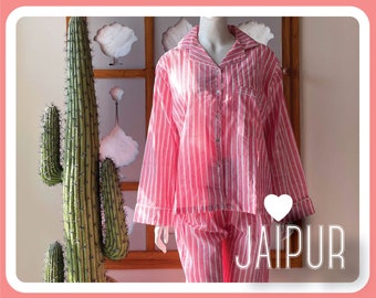 Pijama con estampado de bloques de mano de rayas rosas / Conjunto de pijama de algodón puro floral, traje de noche de algodón suave- Regalo para ella