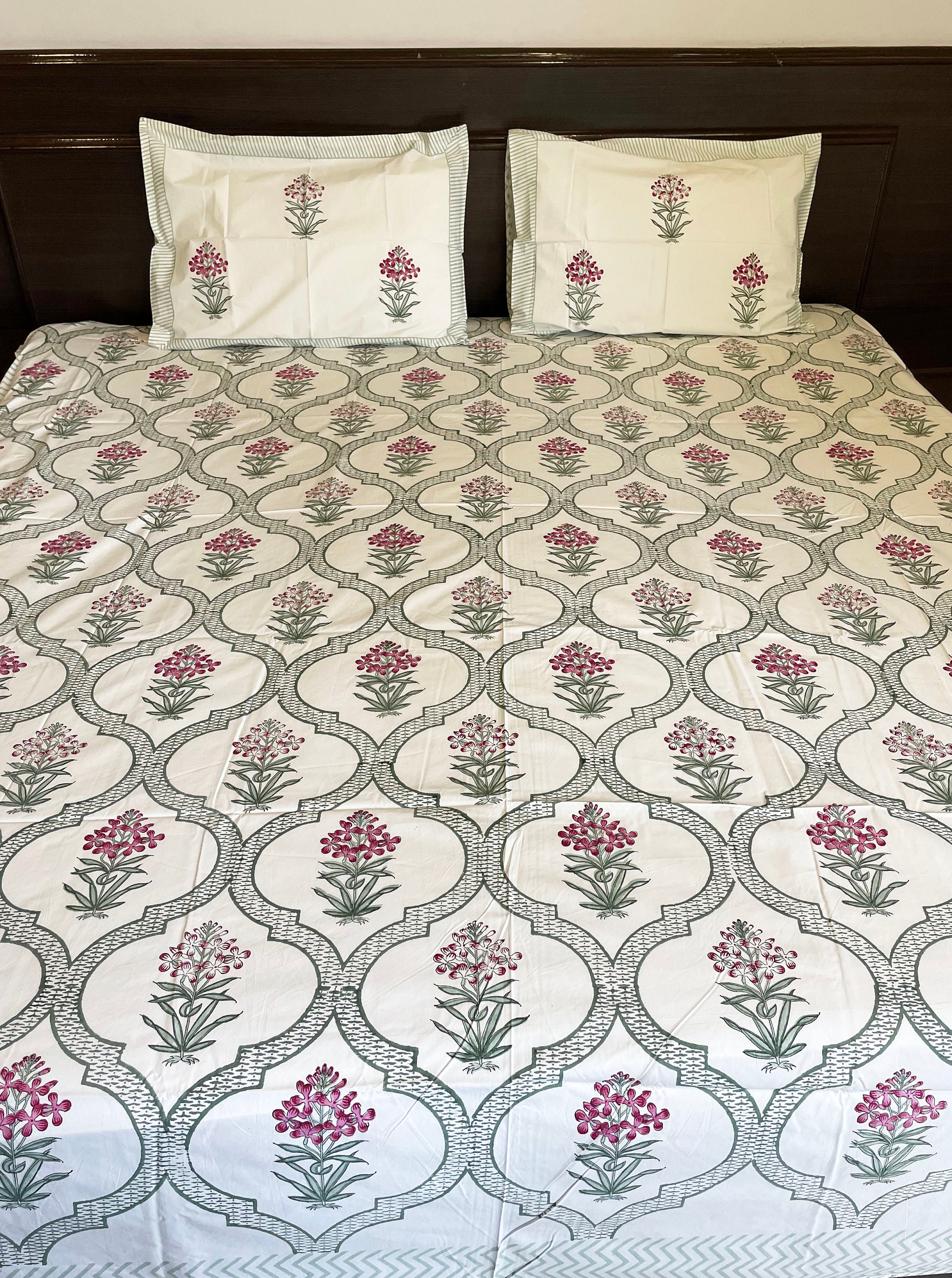 Jaipur Block Print Bed sheet/ Pink & Green Cotton bedspread Etsy