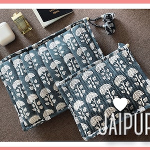 Zero Waste ORGANIC Handmade Block print grey Zipper Pouch, Cotton Make-up purse, Utility bag, MASK POUCH- Gift for her