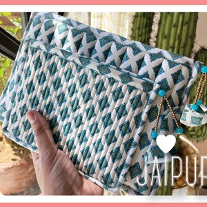 Organic Cotton Block Print Zipper Pouch: Handmade Makeup Bag