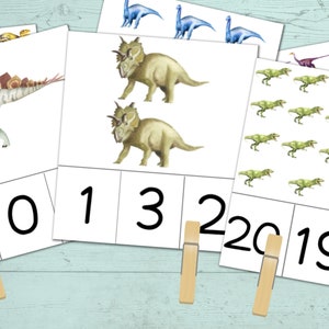 Dinosaur count and clip cards #1-20, numbers 1-20 flash cards, counting cards, preschool math